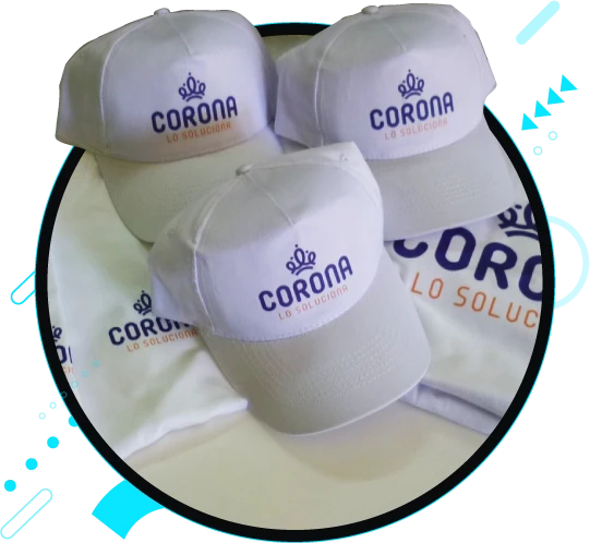 Gorras y camisetas CORONA, ideal para promociones empresariales y branding corporativo.