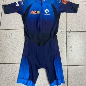 Bodysuit deportivo en azul marino y rey, ideal para triatlones y ciclismo.