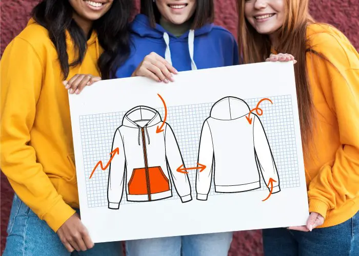 Diseño de polerones coloridos presentado por tres amigas creativas.