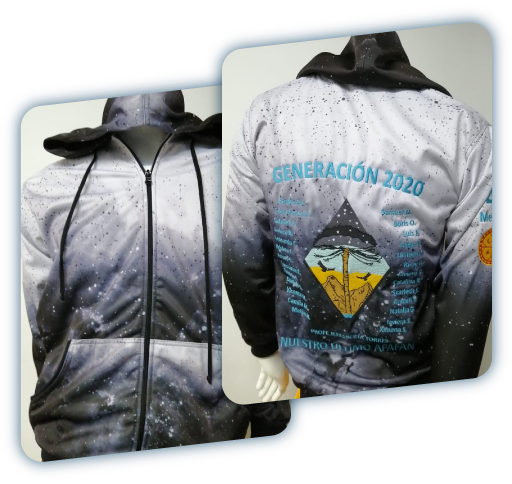 Chaqueta de graduación 2020 con diseño cósmico y bordado vibrante.