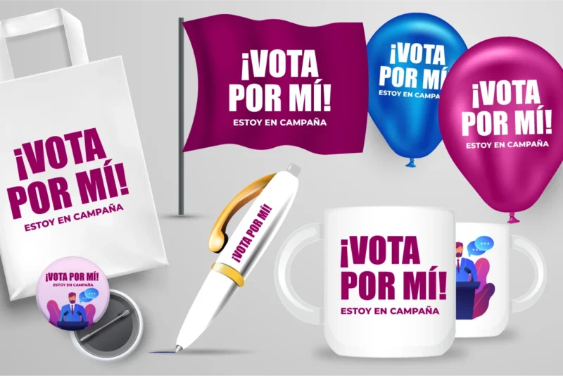 Bolsas ecologicas, banderas, globos, lápices chapas y tazones y mugs para campañas políticas