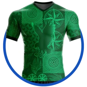 Jersey verde moderno con patrones geométricos y un águila, ideal para deporte y moda.