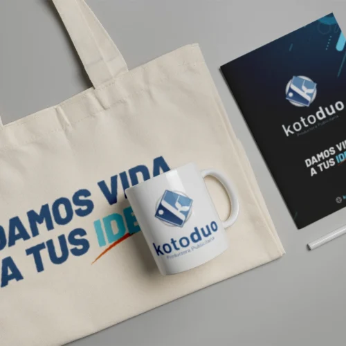 Productos y regalos publicitarios para empresas. Bolsa estampada, tazon estampado y agenda personalizada o corporativa.