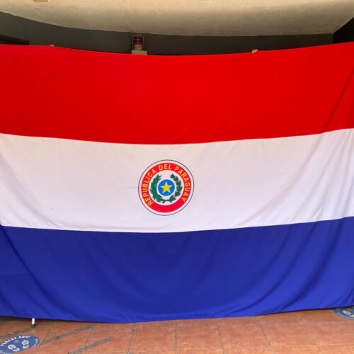 Bandera de Paraguay en una celebración nacional, simbolizando unidad y orgullo patriótico.