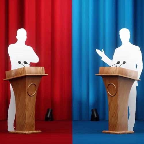 Imagen que simboliza el debate político entre ideologías opuestas: rojo y azul.