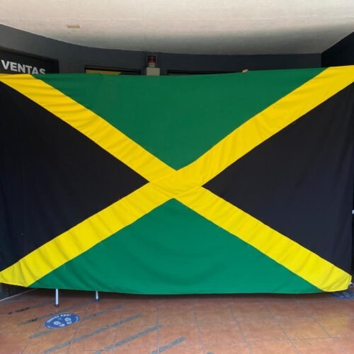 Exhibición de la bandera jamaicana en un evento cultural vibrante y lleno de orgullo.