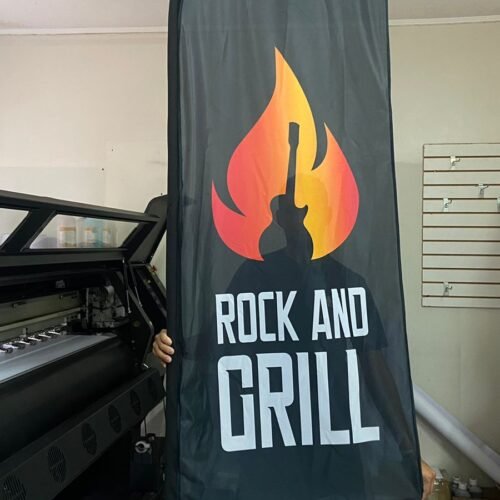 Banner vibrante de Rock and Grill para eventos de música y barbacoa.