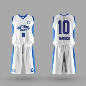 Uniforme de baloncesto Instituto Claret con el número 10, estilo moderno en blanco y azul.