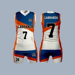 Uniforme de baloncesto LABRANZA, diseño vibrante en blanco, azul y naranja, número 7 y 24.