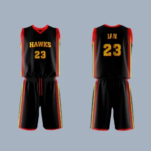 Uniforme de baloncesto negro y amarillo HAWKS 23, moderno y personalizado para deportistas.